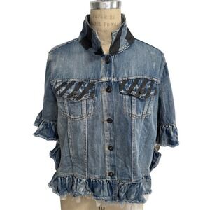 Wren + Glory Painted Denim Jacket Tulle Trim Ruffle Sleeve Art Graphic One Size